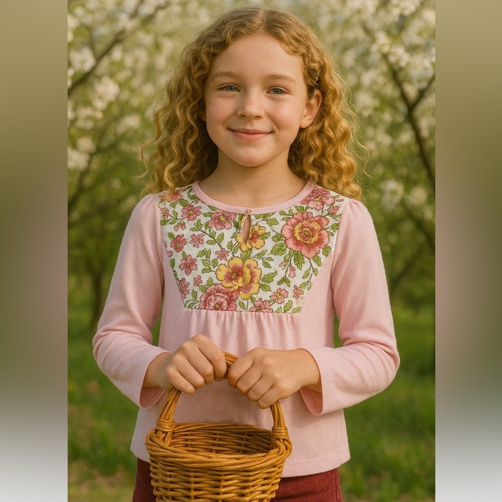 🧒👚Girls Lands’ End Pink Floral Jersey Top Size 10-12 Long Sleeve Tee Shirt